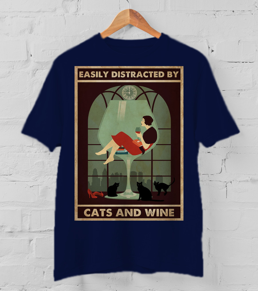 Easily Distracted By Cats And Wine Art Deco Woman In Glass With City Skyline And Cats T-Shirt