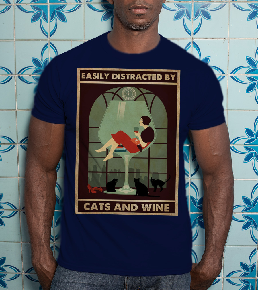Easily Distracted By Cats And Wine Art Deco Woman In Glass With City Skyline And Cats T-Shirt