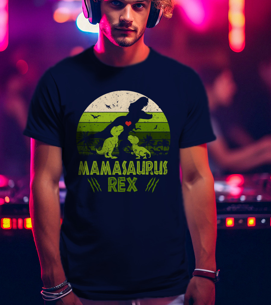 Kid Dinosaur Love For MamaSaurus Rex With Green Jungle Scene And Heart T-Shirt