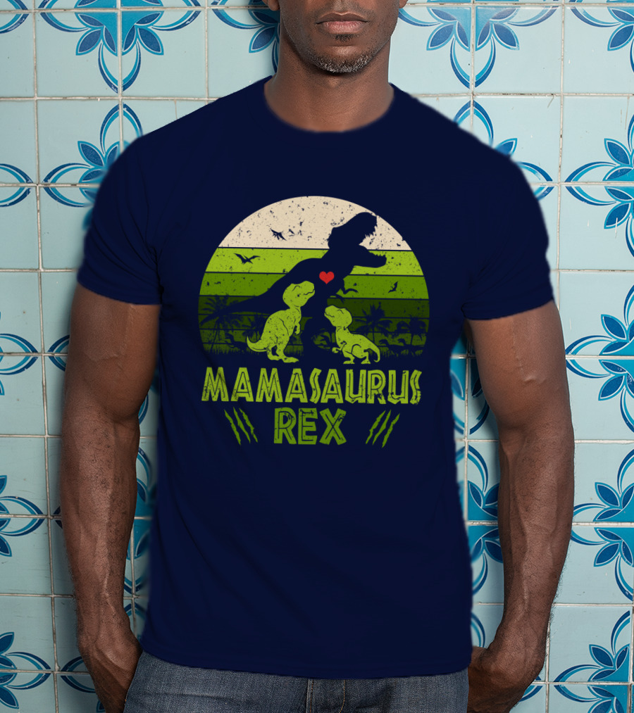 Kid Dinosaur Love For MamaSaurus Rex With Green Jungle Scene And Heart T-Shirt