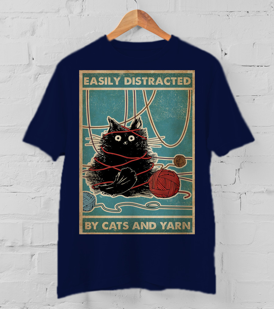 Easily Distracted Black Cat With Red Yarn And Balls Of Yarn T-Shirt