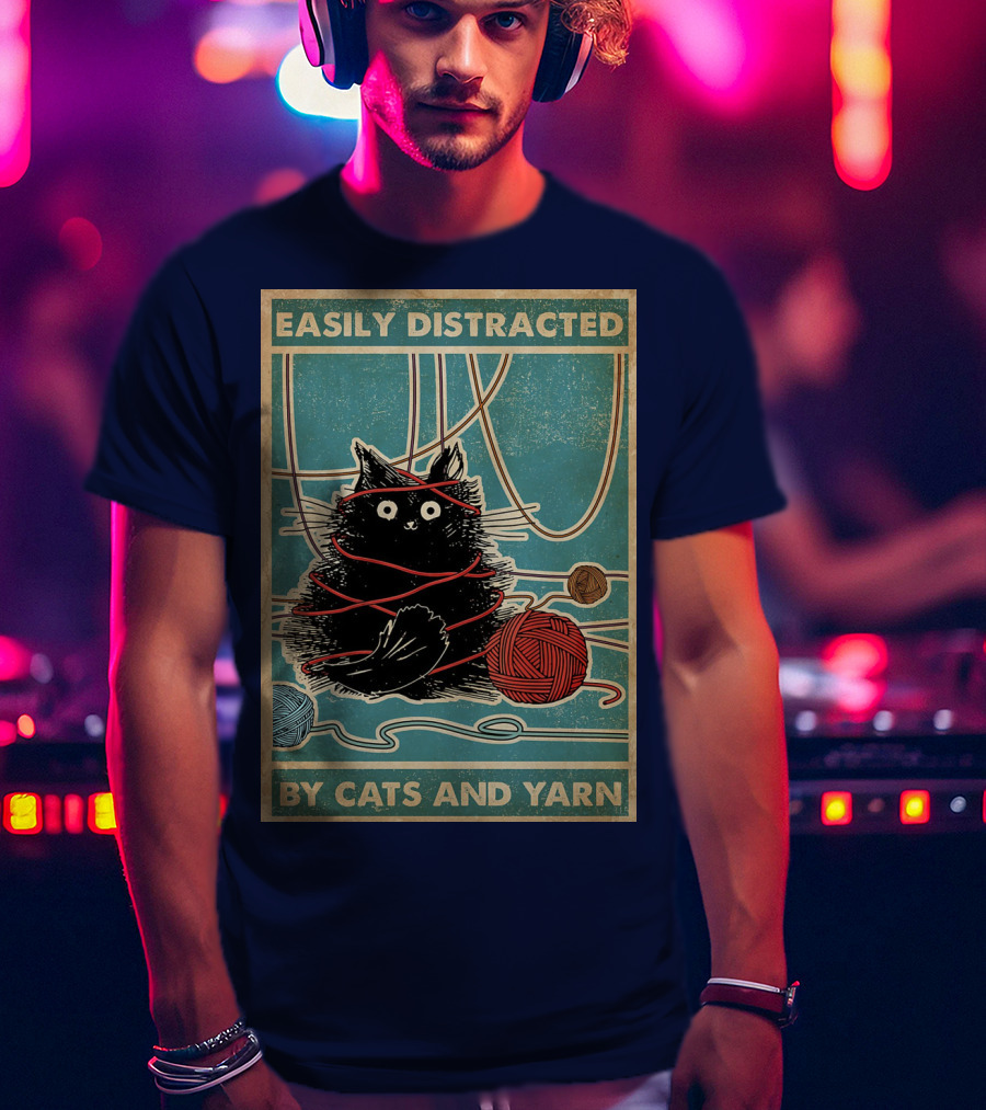 Easily Distracted Black Cat With Red Yarn And Balls Of Yarn T-Shirt