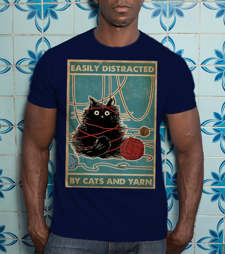 Easily Distracted Black Cat With Red Yarn And Balls Of Yarn T-Shirt