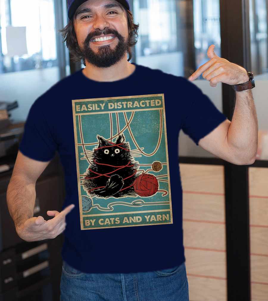 Easily Distracted Black Cat With Red Yarn And Balls Of Yarn T-Shirt