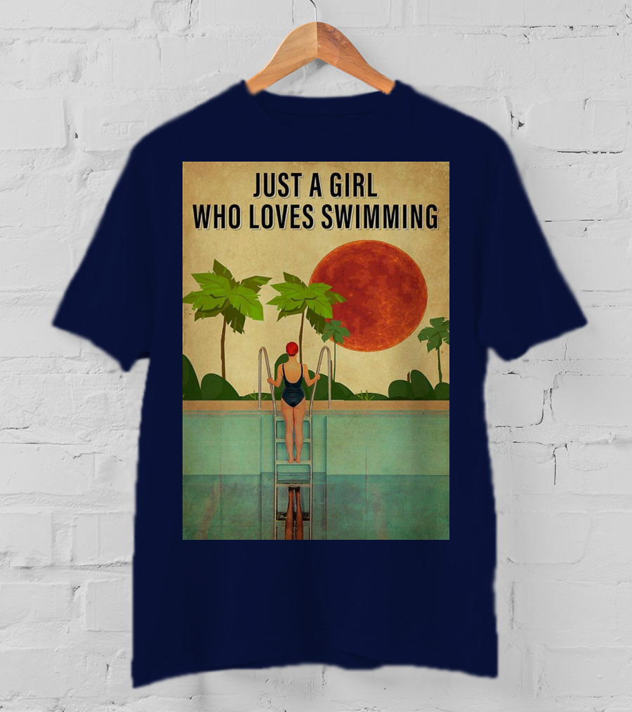 Just A Girl Who Loves Swimming With Palm Trees And Red Sun T-Shirt