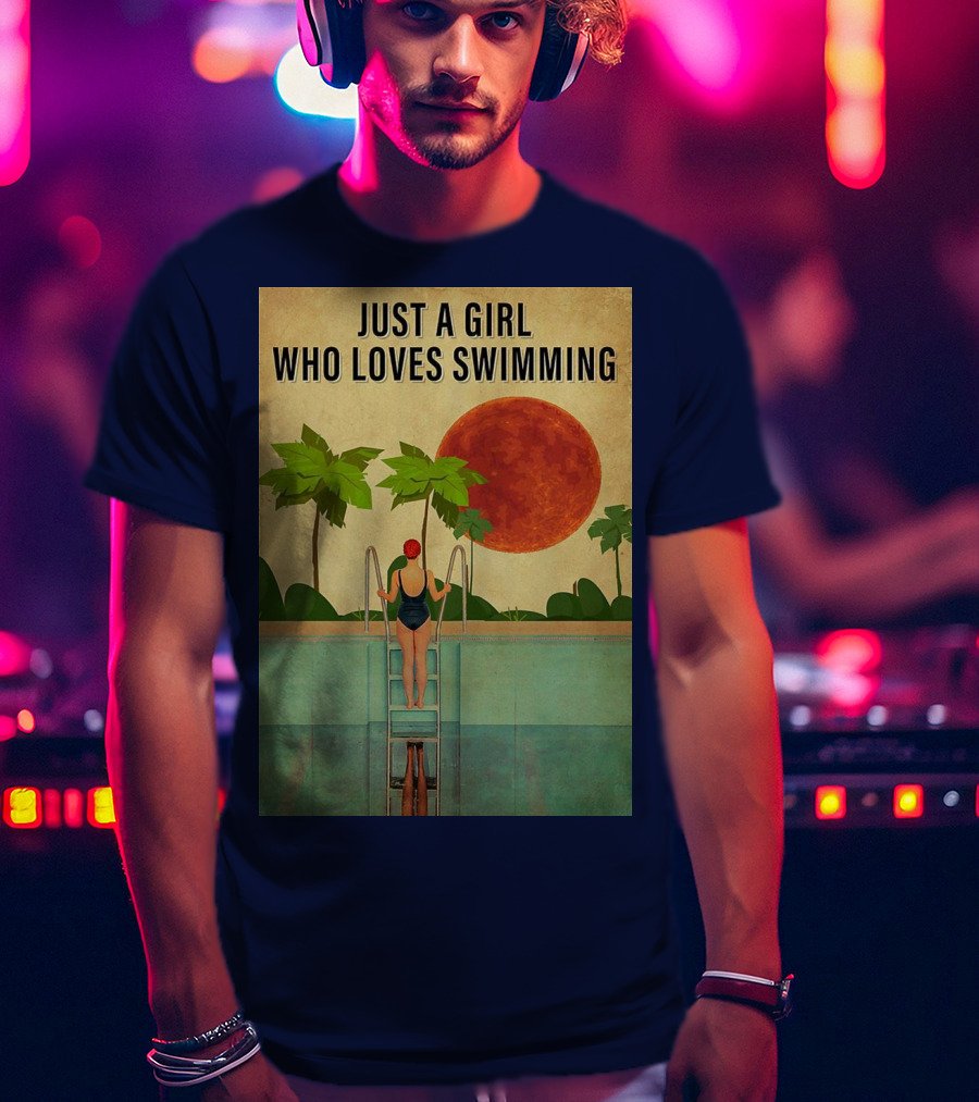 Just A Girl Who Loves Swimming With Palm Trees And Red Sun T-Shirt