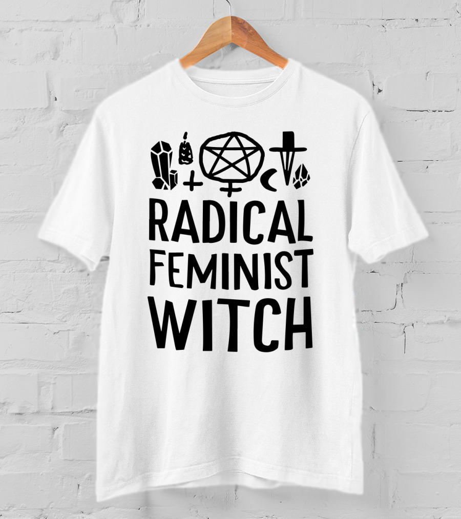 Radical Feminist Witch Magic Symbols Pentagram Crystal Moon Cross T-Shirt
