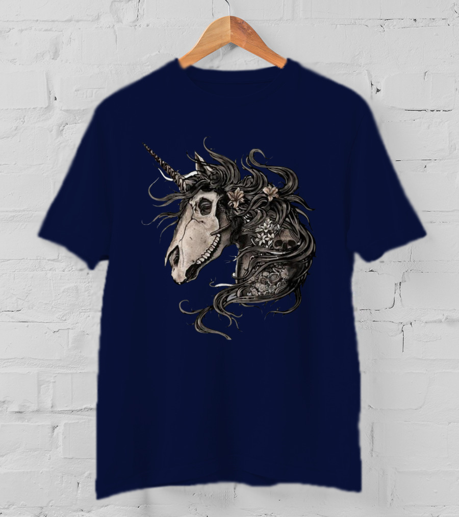 Floral Skull Unicorn Head With Flowers And Dark Mane T-Shirt