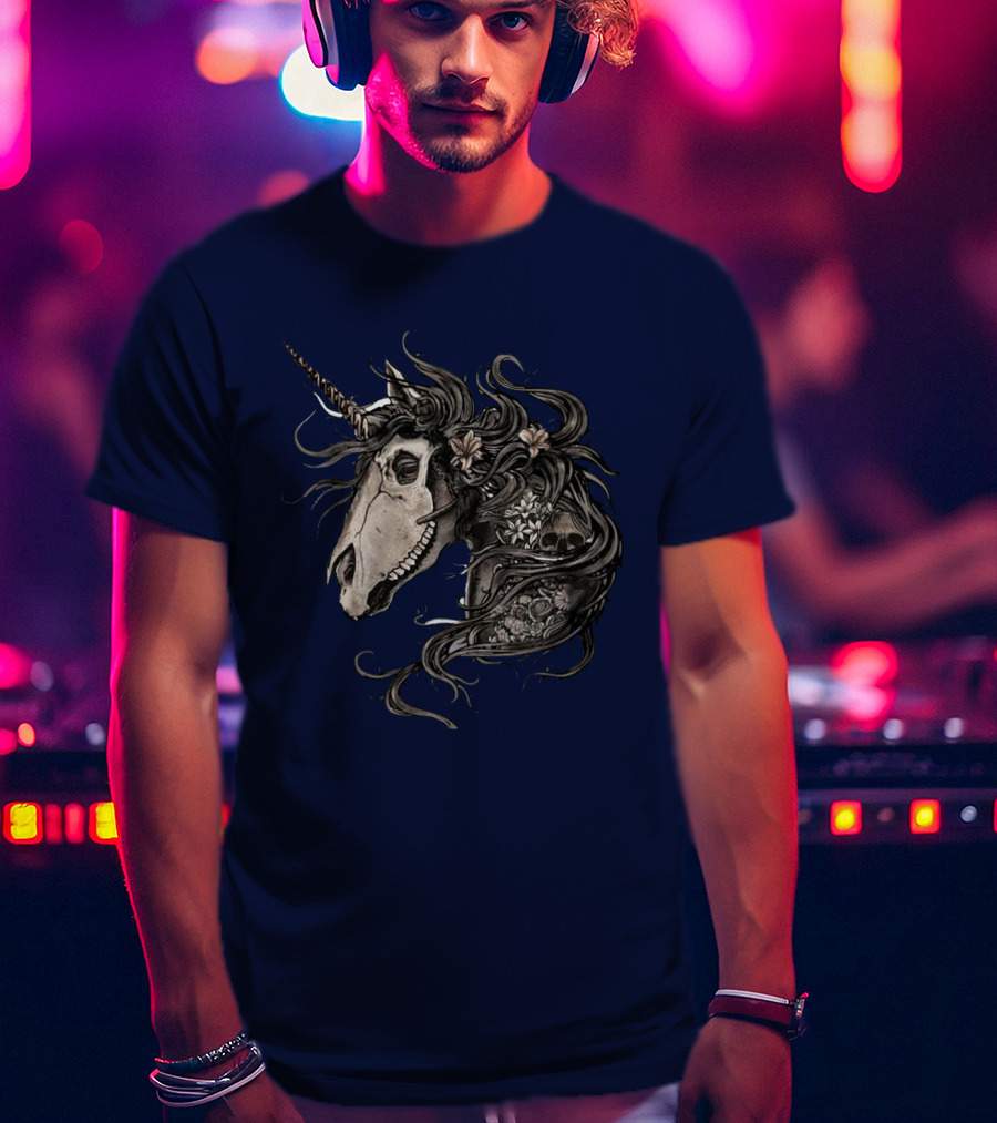 Floral Skull Unicorn Head With Flowers And Dark Mane T-Shirt