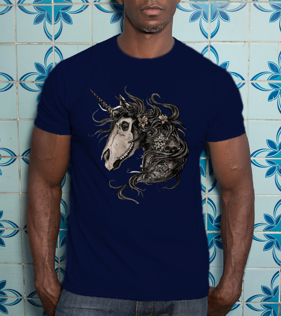 Floral Skull Unicorn Head With Flowers And Dark Mane T-Shirt