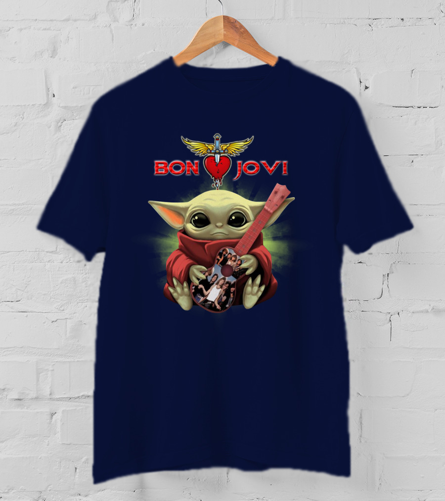 Baby Yoda Holding Guitar With Bon Jovi Heart Dagger T-Shirt
