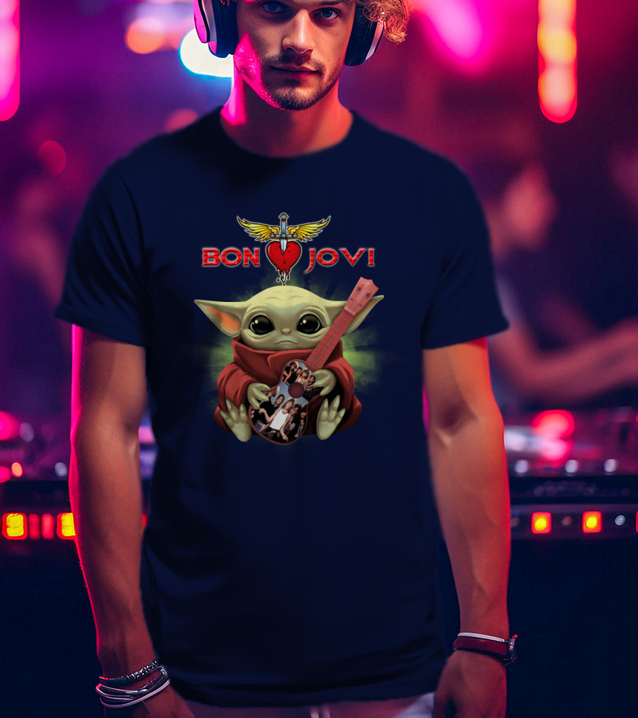 Baby Yoda Holding Guitar With Bon Jovi Heart Dagger T-Shirt