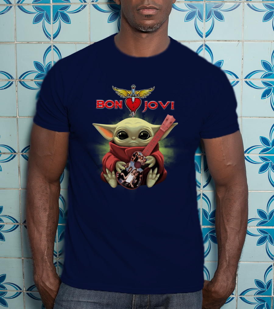 Baby Yoda Holding Guitar With Bon Jovi Heart Dagger T-Shirt