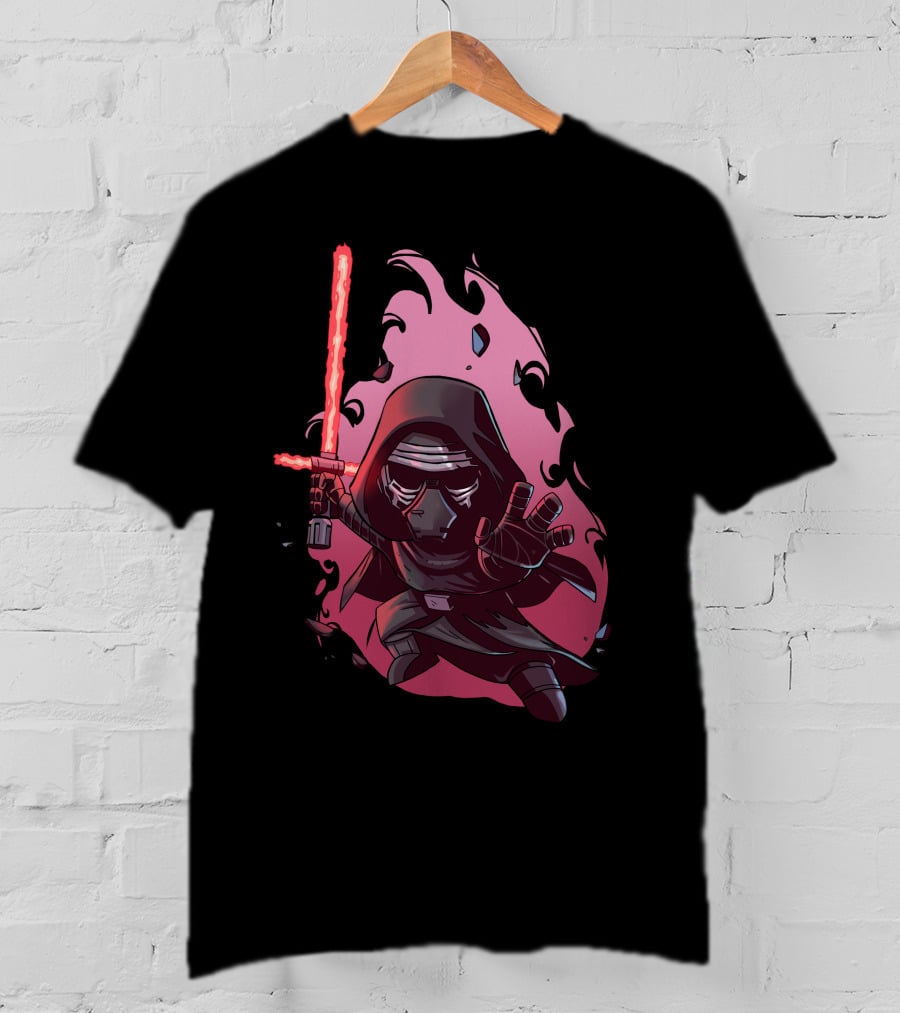 Chibi Kylo Ren Star Wars With Red Lightsaber And Fiery Background T-Shirt