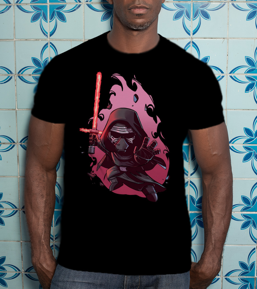 Chibi Kylo Ren Star Wars With Red Lightsaber And Fiery Background T-Shirt