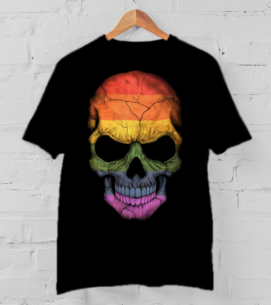 Gay Pride Rainbow Flag Skull Cracked Texture T-Shirt