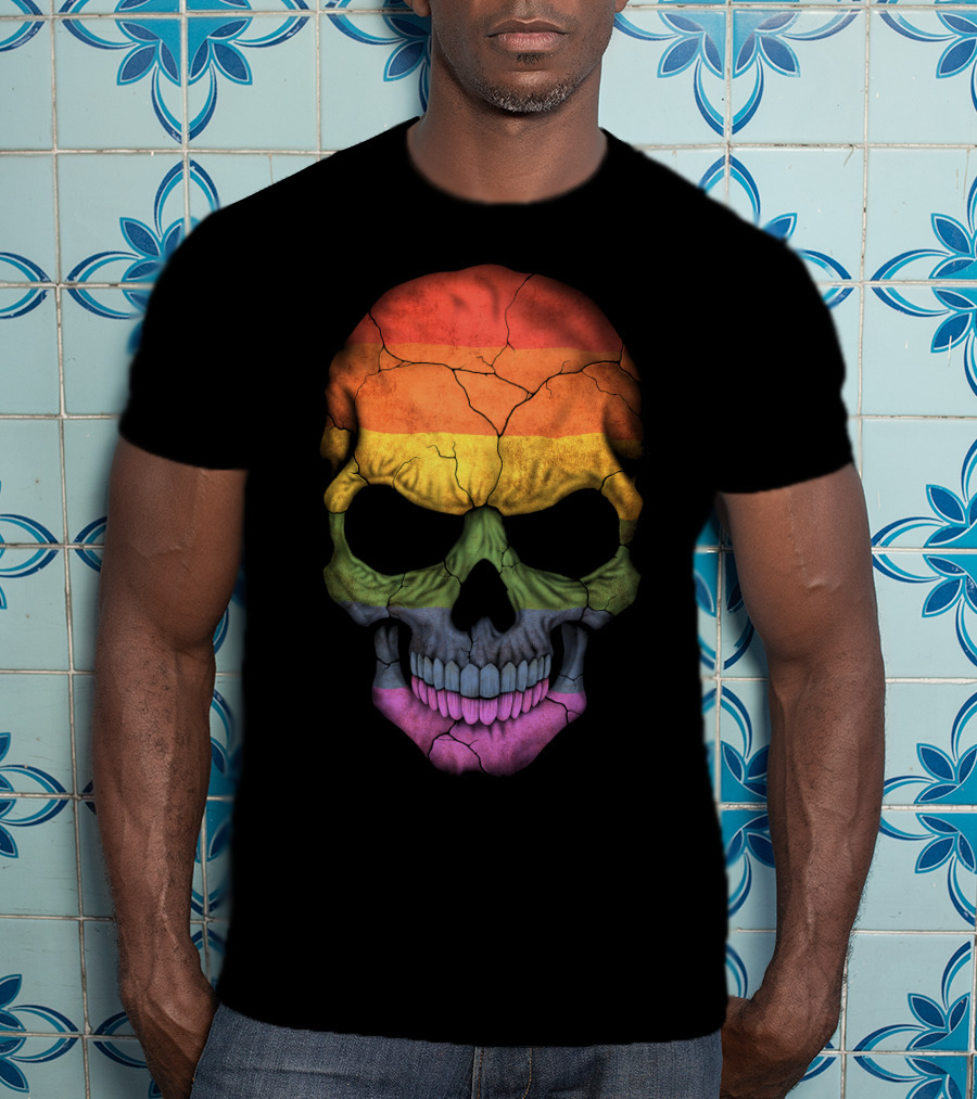 Gay Pride Rainbow Flag Skull Cracked Texture T-Shirt