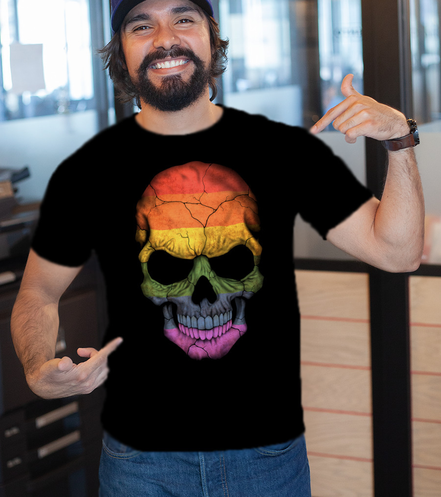 Gay Pride Rainbow Flag Skull Cracked Texture T-Shirt