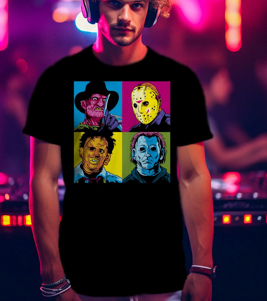 Freddy Jason Leatherface Michael Myers Horror Pop Art 4 Face T-Shirt