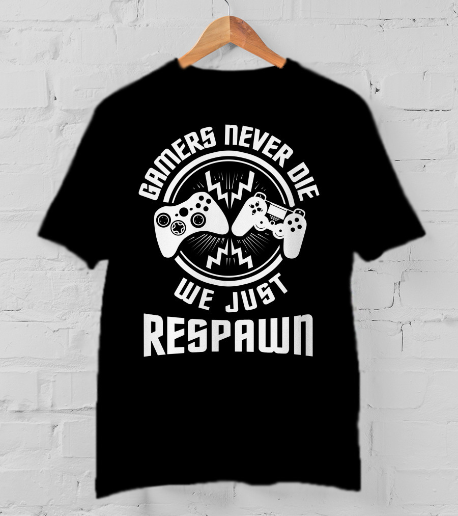 Gamers Never Die We Just Respawn With Dual Game Controllers And Lightning Bolts T-Shirt