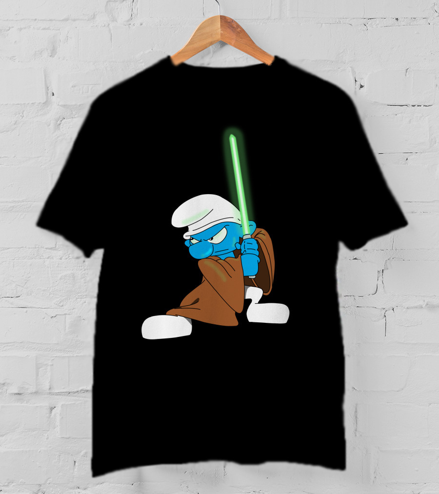 Smurf Jedi With Green Lightsaber In Star Wars-Inspired Crossover T-Shirt