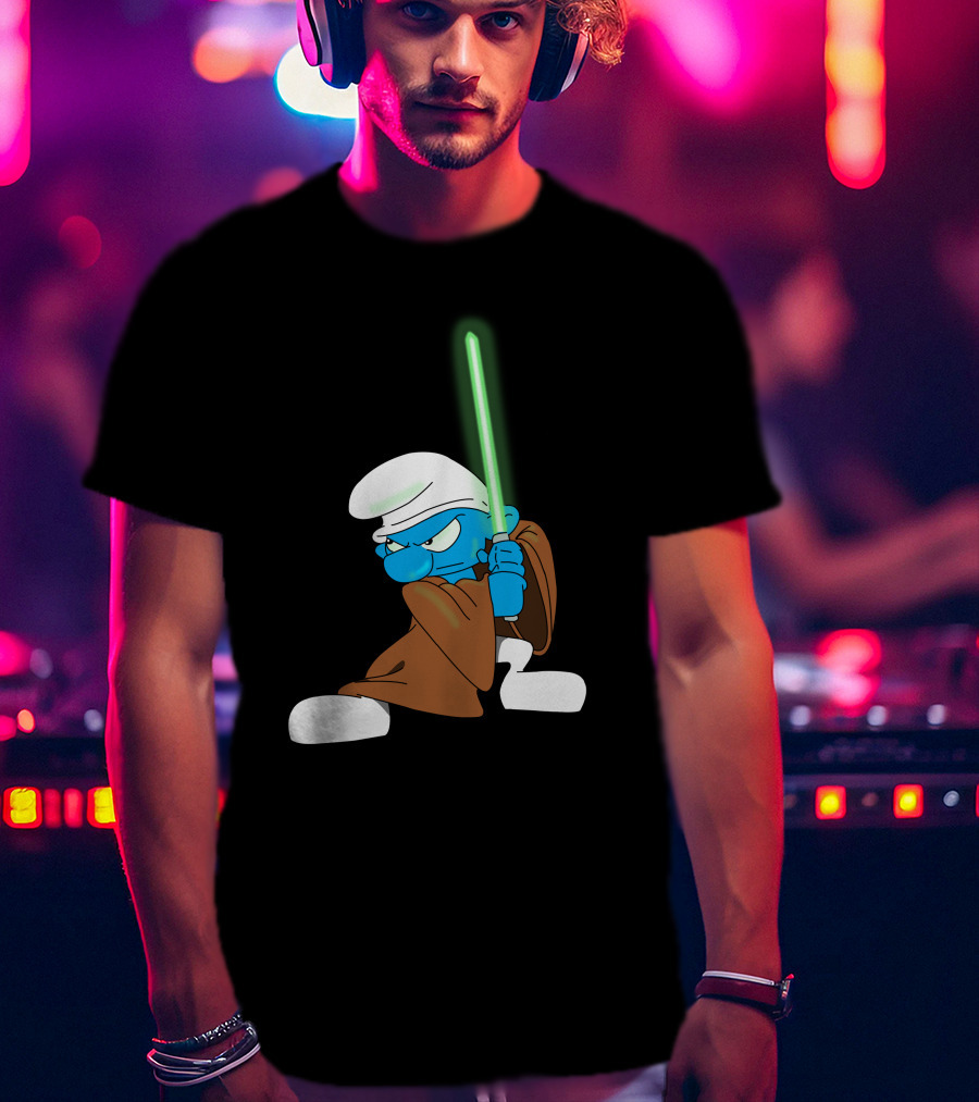 Smurf Jedi With Green Lightsaber In Star Wars-Inspired Crossover T-Shirt