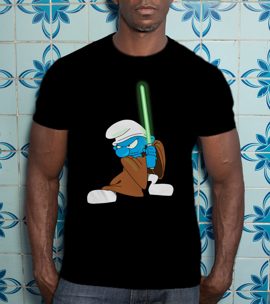Smurf Jedi With Green Lightsaber In Star Wars-Inspired Crossover T-Shirt