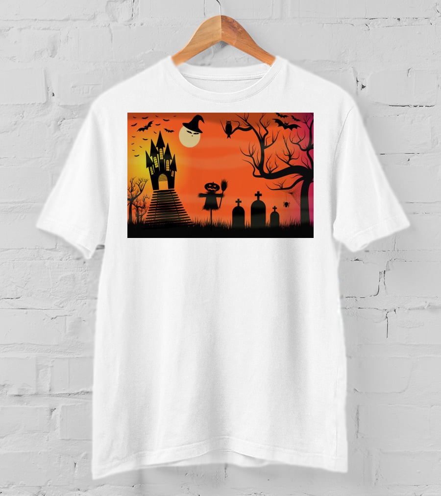 Halloween Haunted Castle Silhouette With Bats And Graveyard Scene T-Shirt