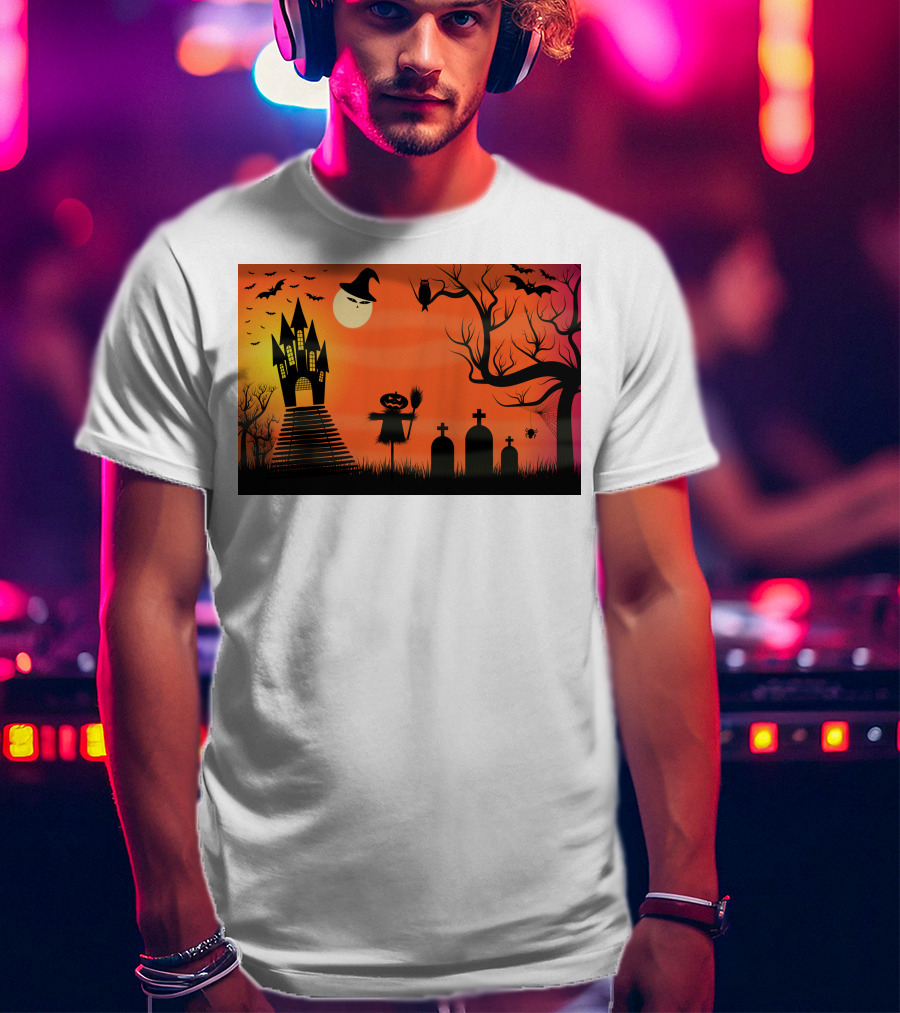 Halloween Haunted Castle Silhouette With Bats And Graveyard Scene T-Shirt