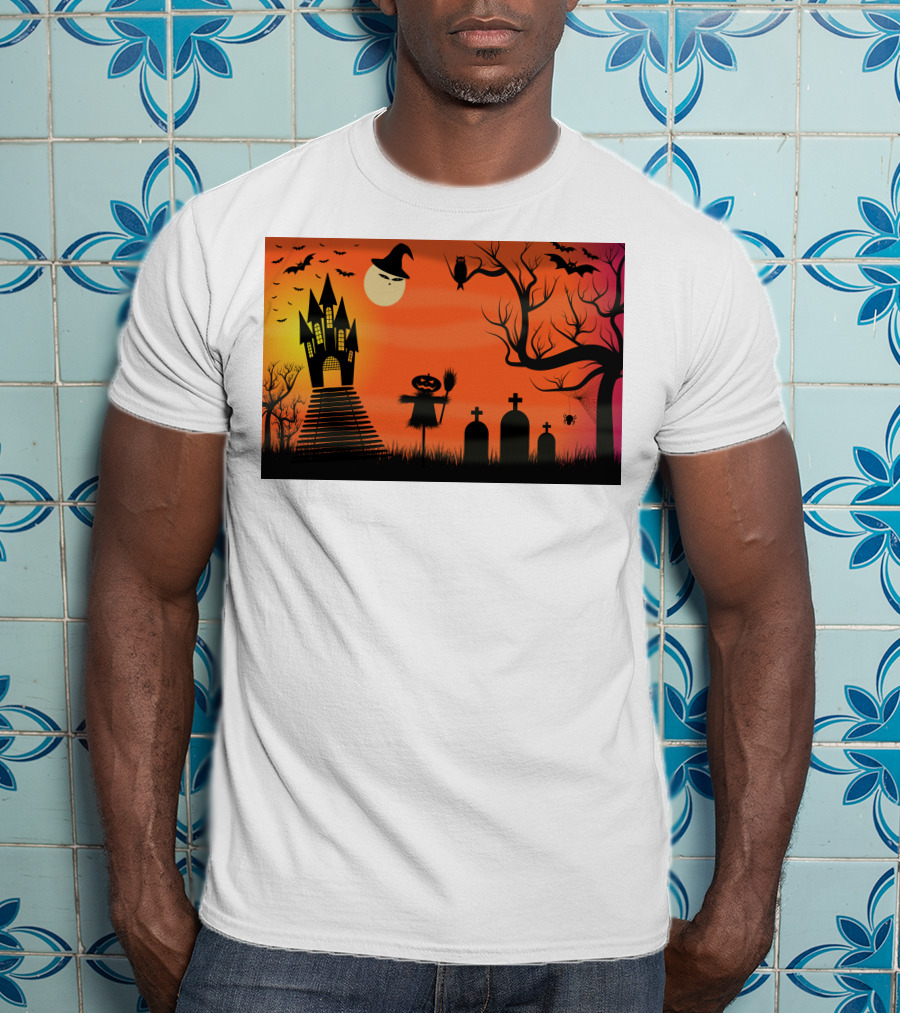 Halloween Haunted Castle Silhouette With Bats And Graveyard Scene T-Shirt