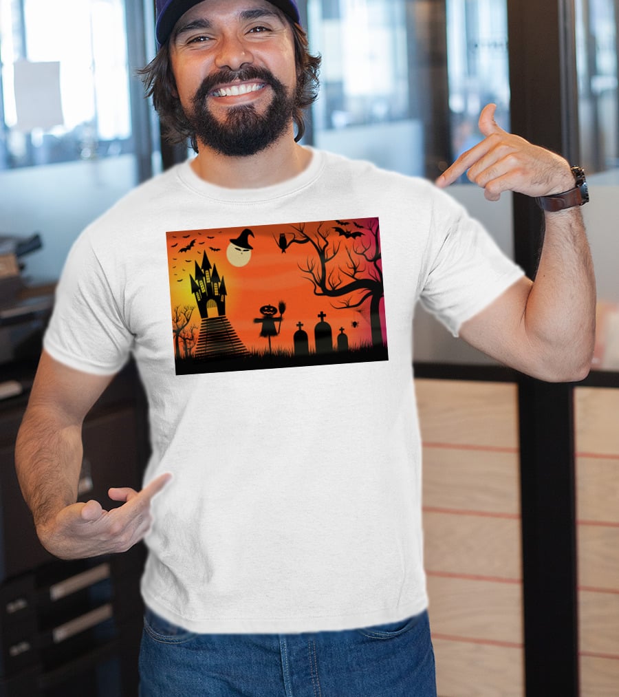 Halloween Haunted Castle Silhouette With Bats And Graveyard Scene T-Shirt