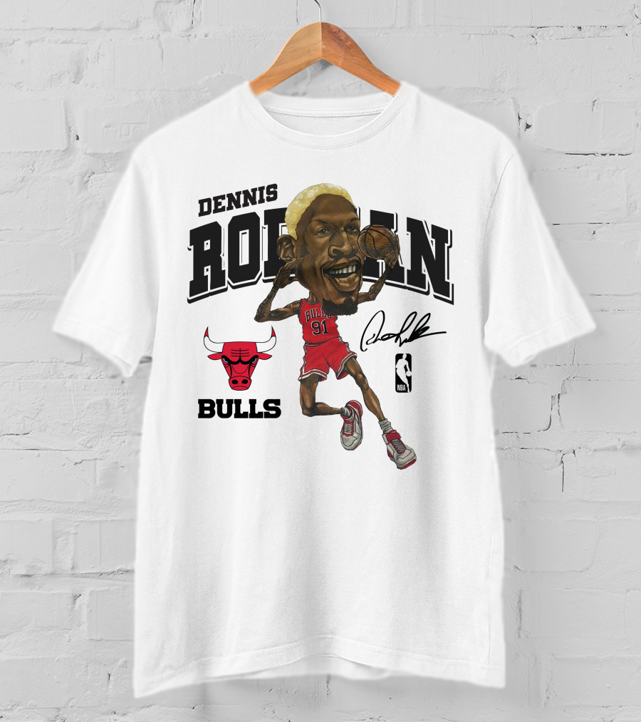 Dennis Rodman 91 Chicago Bulls NBA Caricature Signature Mitchell And Ness T-Shirt