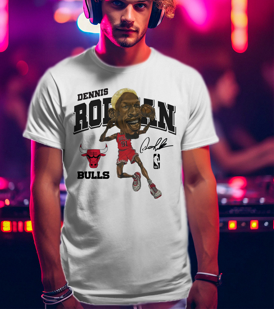 Dennis Rodman 91 Chicago Bulls NBA Caricature Signature Mitchell And Ness T-Shirt