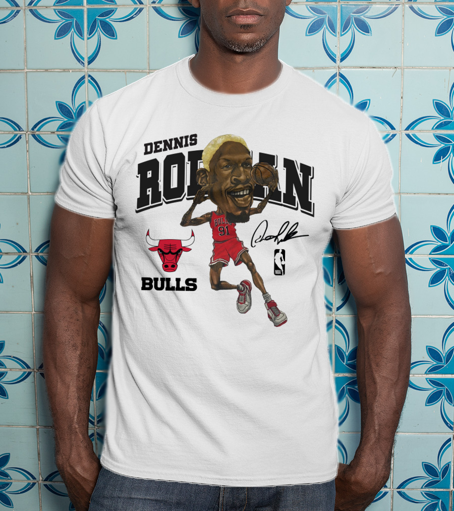 Dennis Rodman 91 Chicago Bulls NBA Caricature Signature Mitchell And Ness T-Shirt