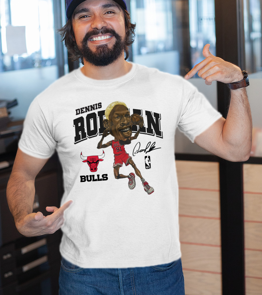 Dennis Rodman 91 Chicago Bulls NBA Caricature Signature Mitchell And Ness T-Shirt
