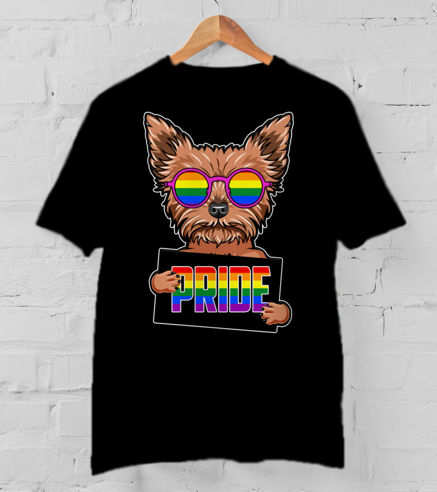 Yorkshire Terrier With Rainbow Glasses Holding Pride Sign T-Shirt