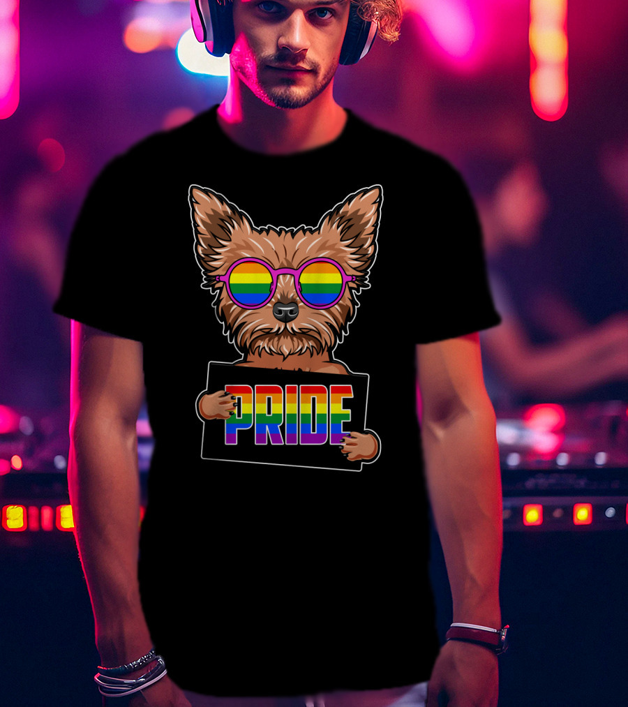 Yorkshire Terrier With Rainbow Glasses Holding Pride Sign T-Shirt