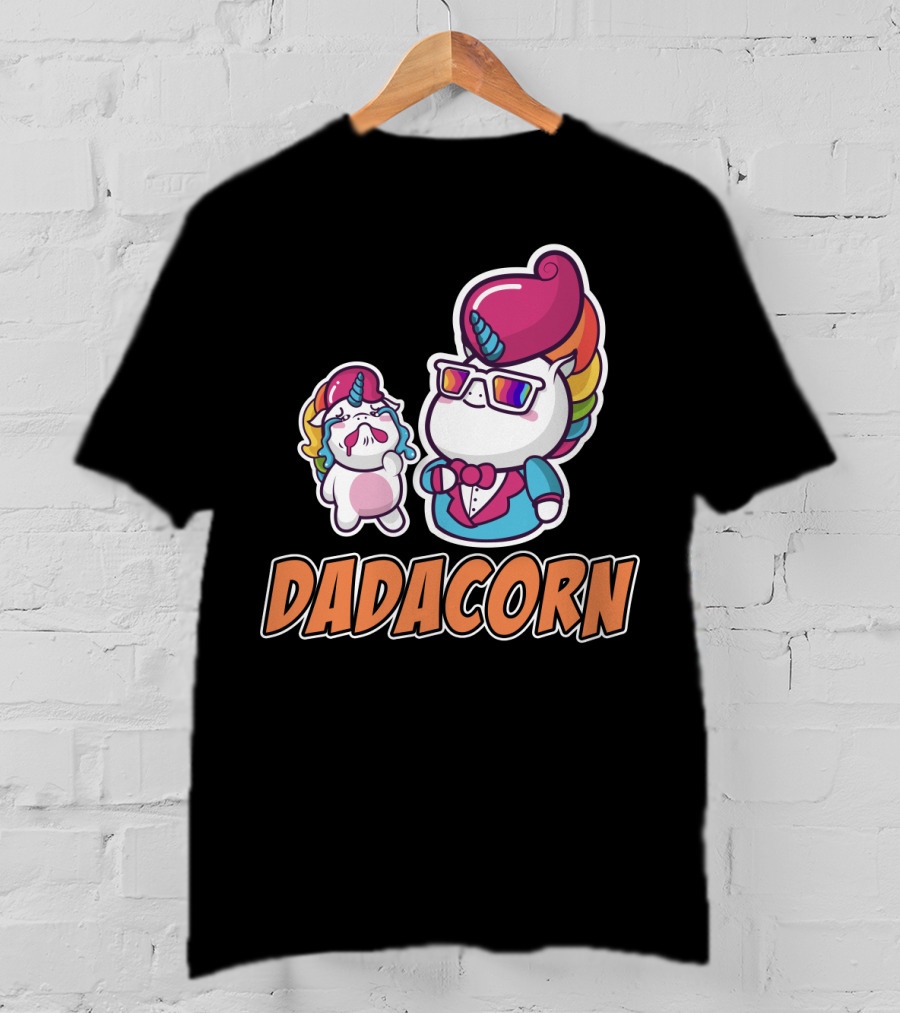 Dadacorn Unicorn Dad And Baby With Rainbow Outfits And Sunglasses T-Shirt