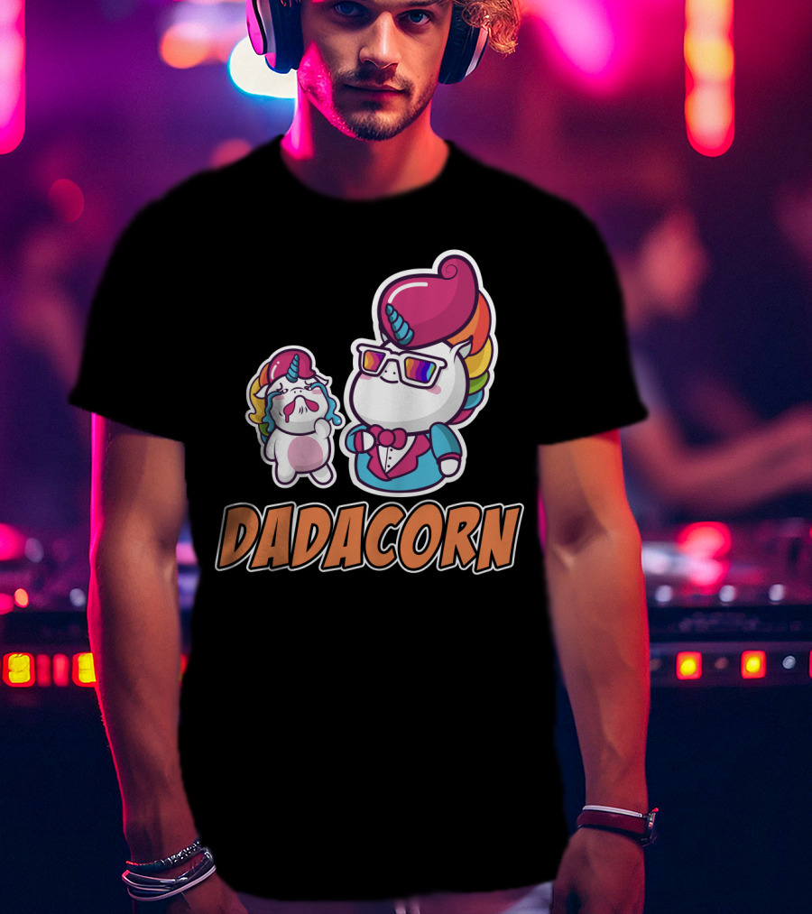 Dadacorn Unicorn Dad And Baby With Rainbow Outfits And Sunglasses T-Shirt