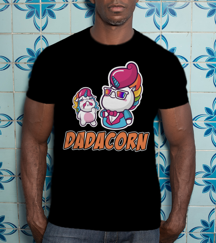 Dadacorn Unicorn Dad And Baby With Rainbow Outfits And Sunglasses T-Shirt