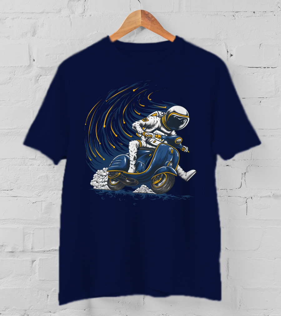 Astronaut In Spacesuit Joyfully Riding Vespa Scooter With Meteor Shower T-Shirt