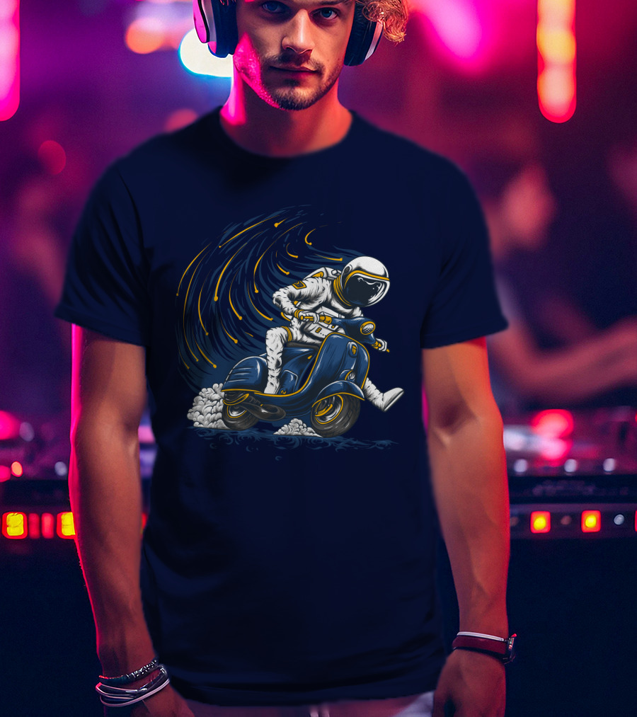 Astronaut In Spacesuit Joyfully Riding Vespa Scooter With Meteor Shower T-Shirt