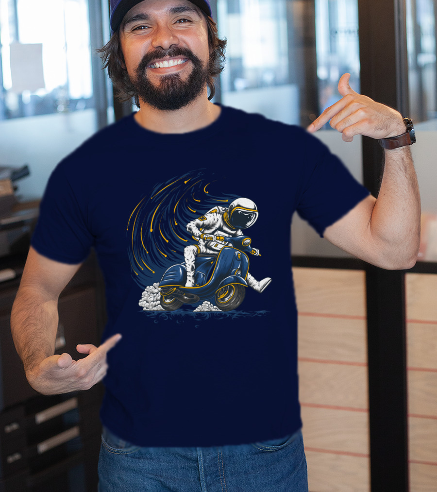Astronaut In Spacesuit Joyfully Riding Vespa Scooter With Meteor Shower T-Shirt