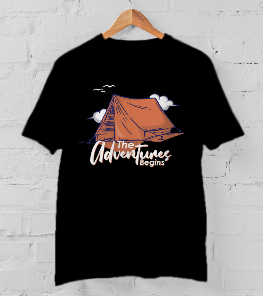 The Adventures Begins Camping Tent Clouds And Birds T-Shirt