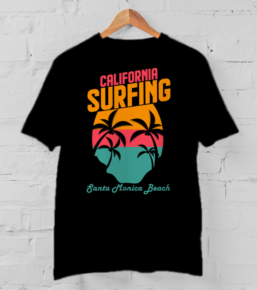 California Surfing Santa Monica Beach Sunset Palm Trees T-Shirt