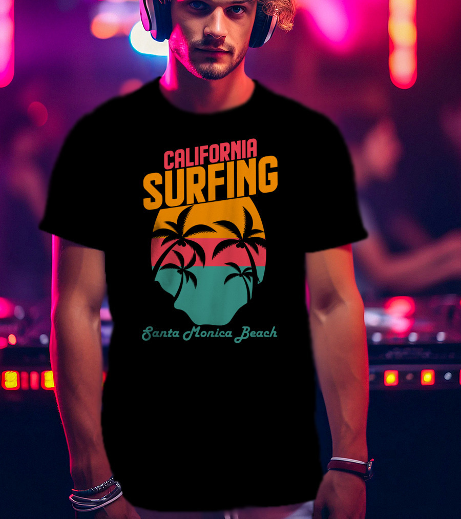 California Surfing Santa Monica Beach Sunset Palm Trees T-Shirt