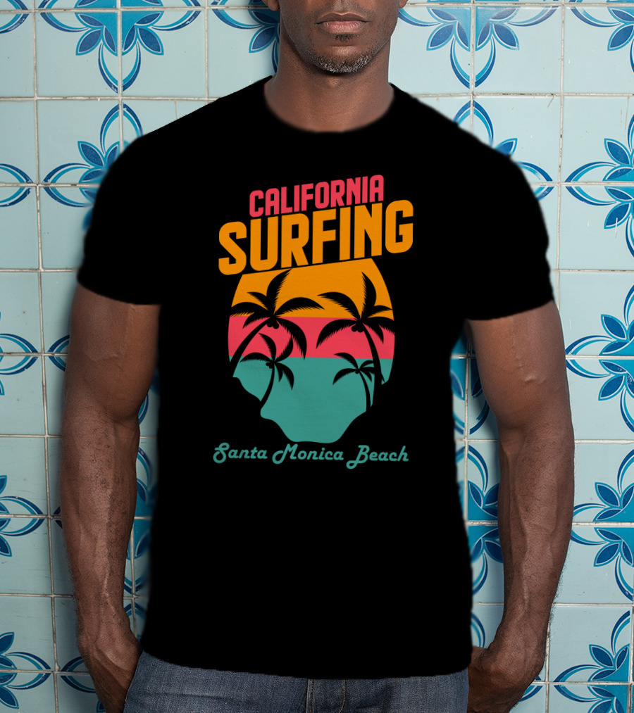 California Surfing Santa Monica Beach Sunset Palm Trees T-Shirt