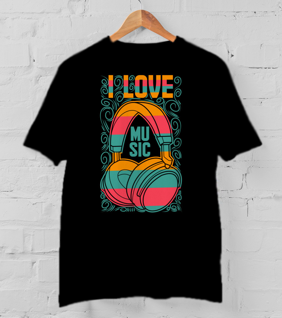I Love Music Vibrant Headphones Pattern With Swirling Design Elements T-Shirt
