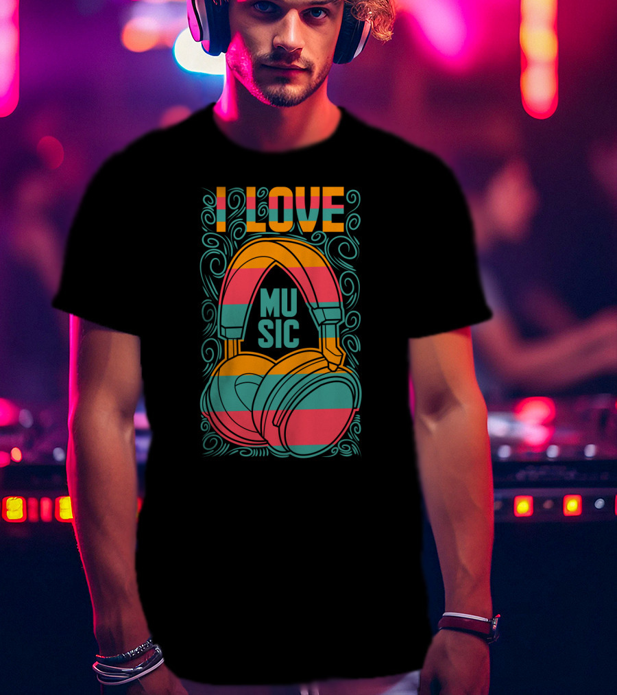 I Love Music Vibrant Headphones Pattern With Swirling Design Elements T-Shirt