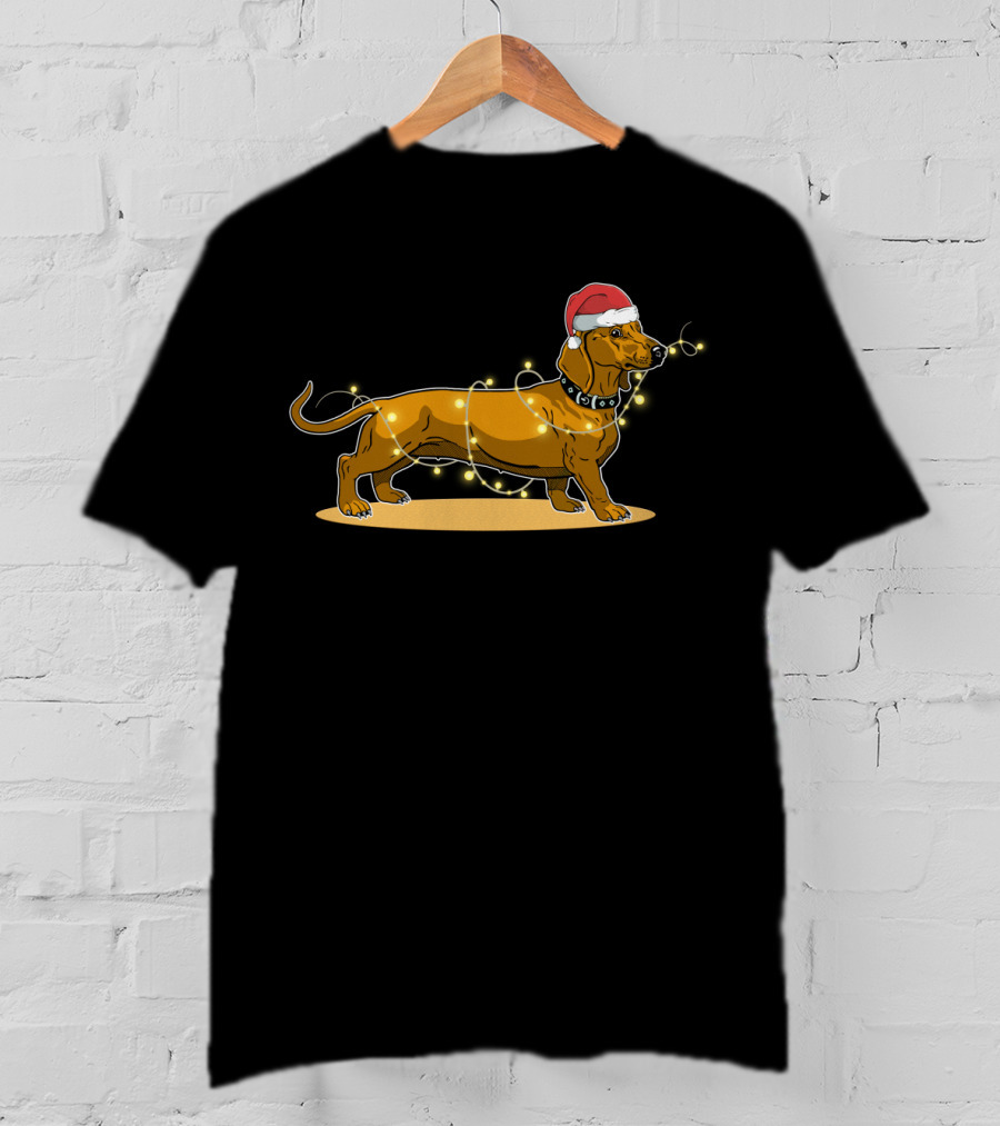 Dachshund Wrapped In Christmas Lights Wearing Santa Hat T-Shirt